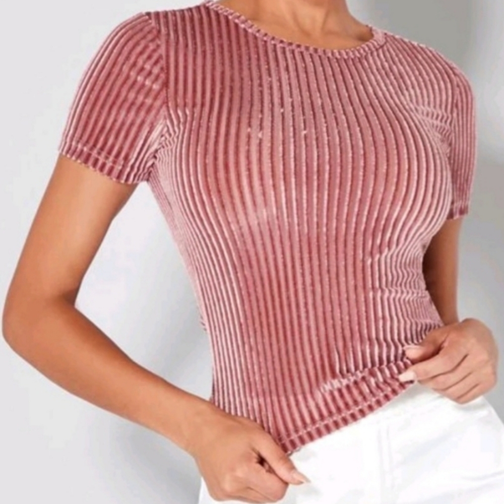 ⭐️SHEIN RIBBED KNIT ROUND NECK SHORT SLEEVES PINK STRETCH TOP WOMENS MEDIUM